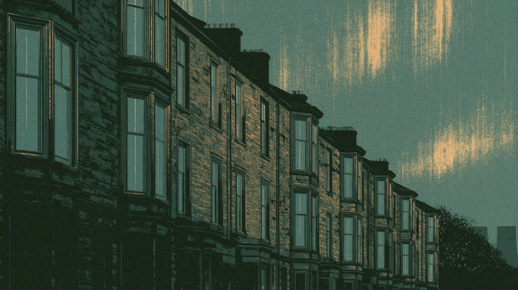 A row of Scottish tenement houses at dusk